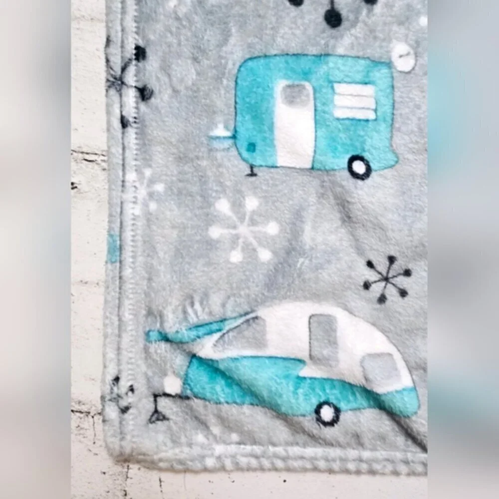 Retro Camper Trailer Fleece Throw Blanket Turquoise RV Cottage Cozy
